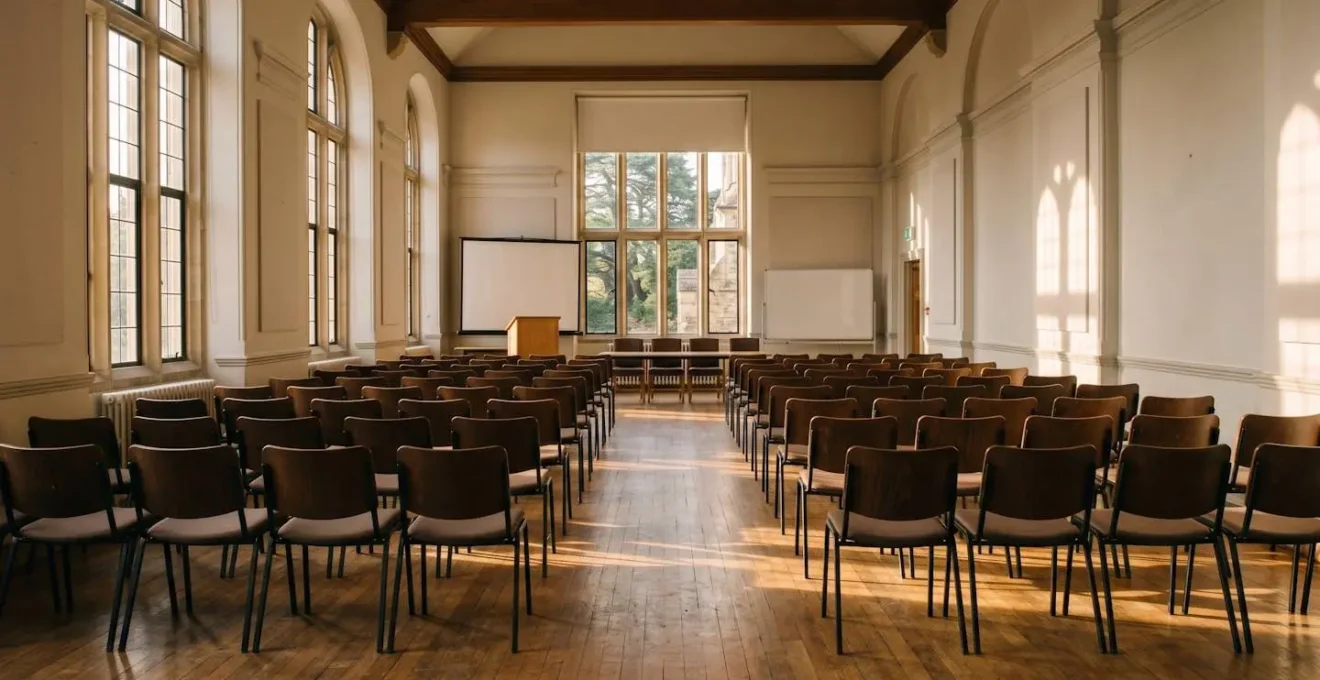 Wide environmental shot of empty university seminar room with natural light showing institutional atmosphere