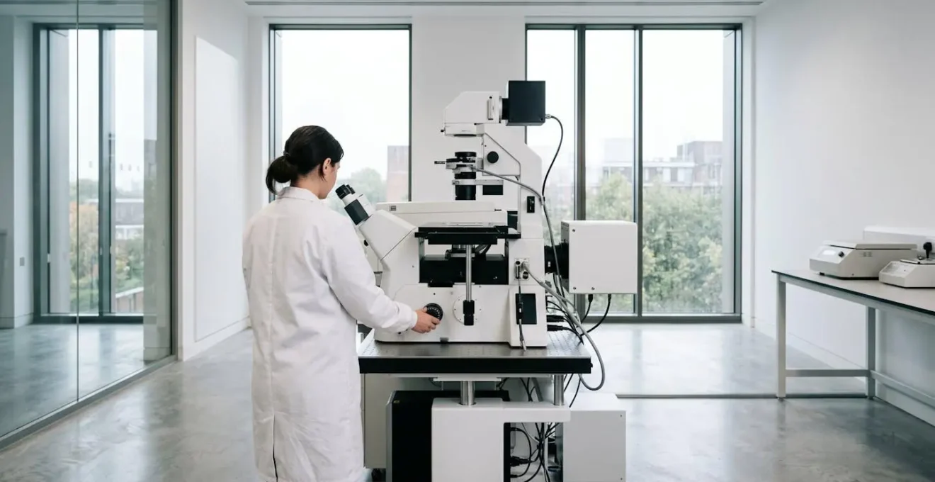 High-tech fluorescence microscopy equipment capturing dynamic cellular processes in UK research laboratory