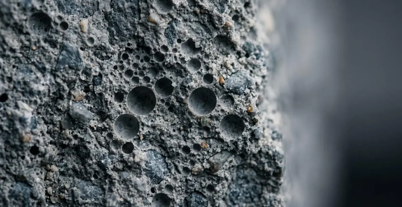 Microscopic view of concrete showing distributed air bubble network within cement matrix