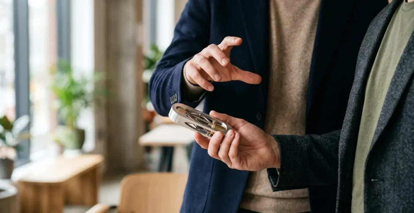 Close-up of founder hands gesturing during prototype demonstration to an engaged investor in a London office.