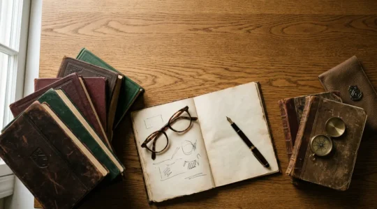 Close-up photograph of academic research materials and scholarly tools on desk surface showing research quality assessment