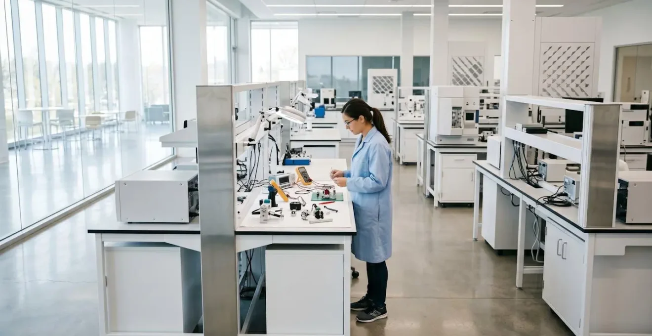 Biomedical engineer working on advanced medical device prototyping in modern research laboratory