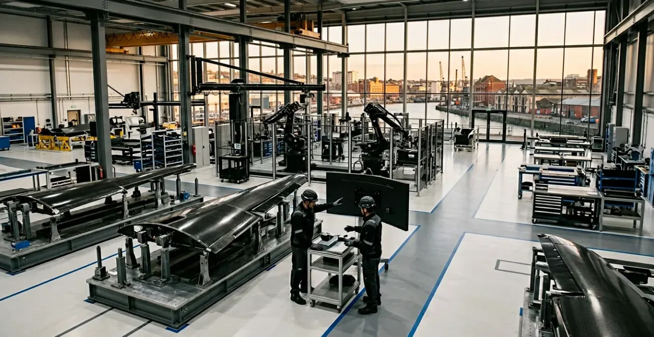 Industrial aerospace manufacturing facility with complex wing assembly operations and cross-border logistics