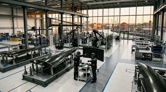 Industrial aerospace manufacturing facility with complex wing assembly operations and cross-border logistics