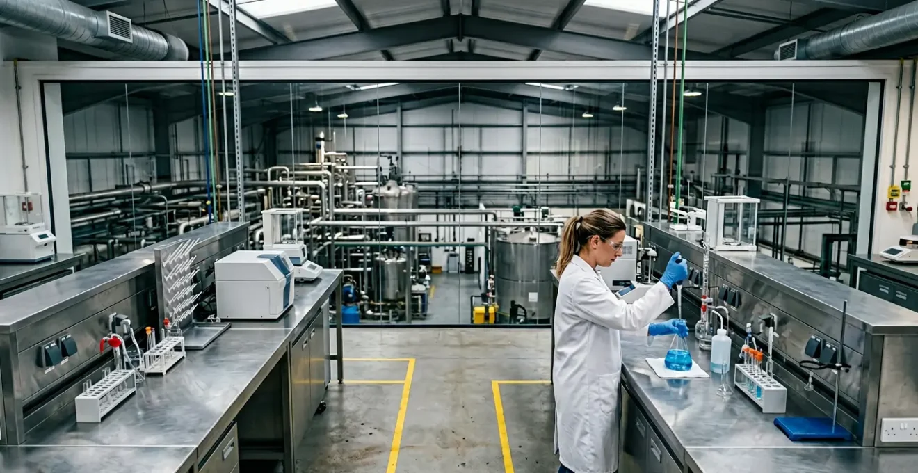 Industrial chemist performing analytical testing in modern UK chemical manufacturing facility ensuring workplace safety compliance