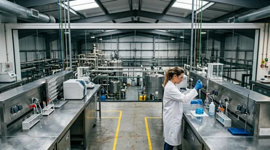 Industrial chemist performing analytical testing in modern UK chemical manufacturing facility ensuring workplace safety compliance