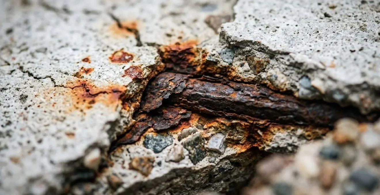 Macro close-up showing concrete spalling and internal corrosion damage on coastal structure