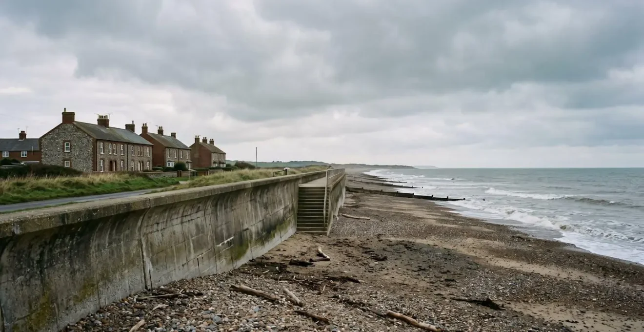 Wide environmental view of UK coastal defence infrastructure at the edge of a vulnerable community