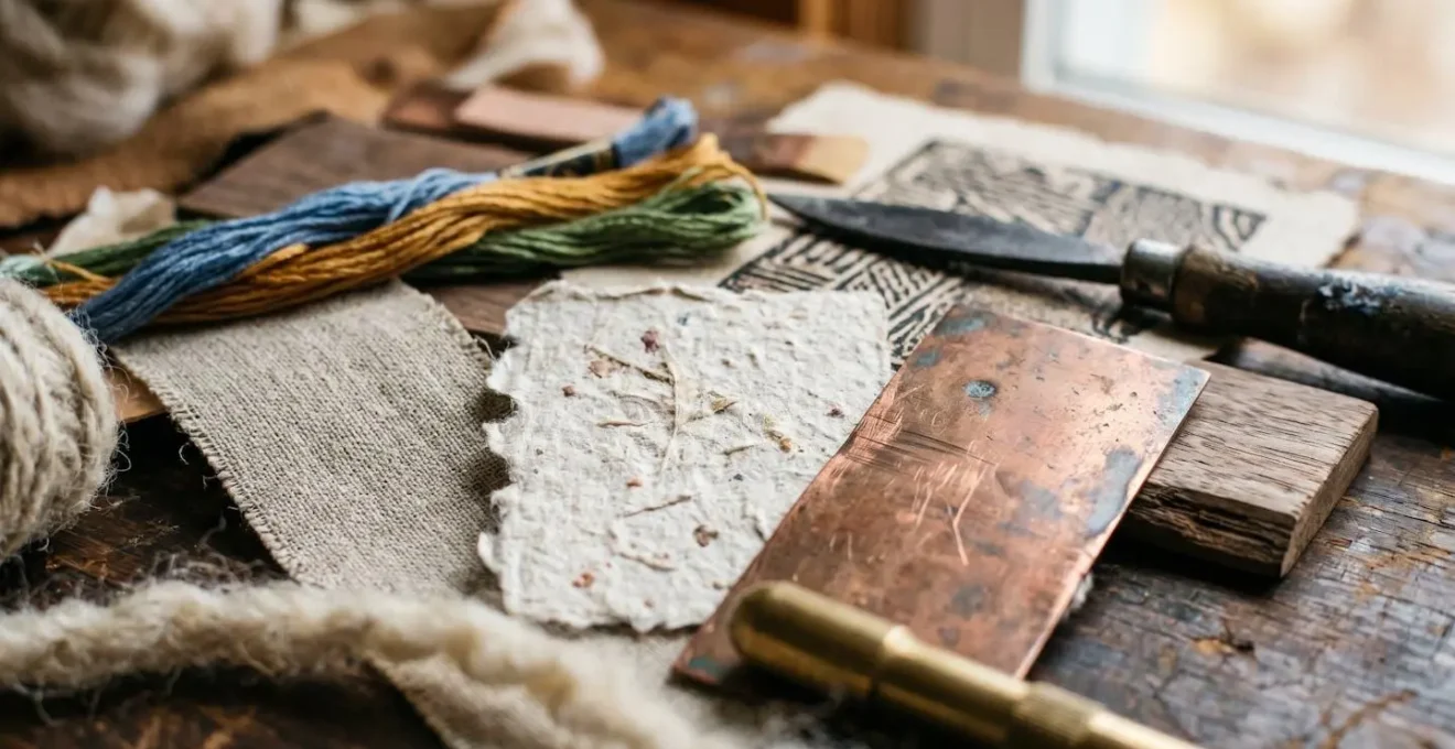 Close-up photograph showing layered artistic materials and creative tools representing the portfolio career model