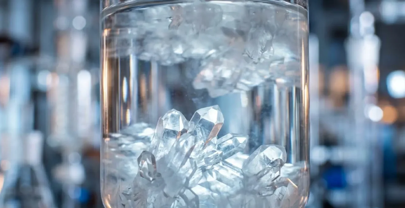 Abstract close-up of crystal formation patterns in industrial chemical process showing geometric structures and phase transitions