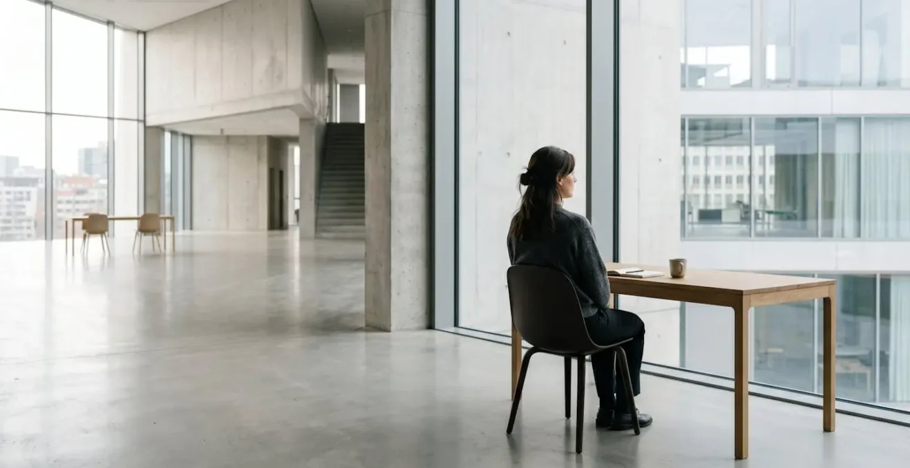 Environmental photograph showing a person in contemplative pose within a minimal workspace representing contextual analysis
