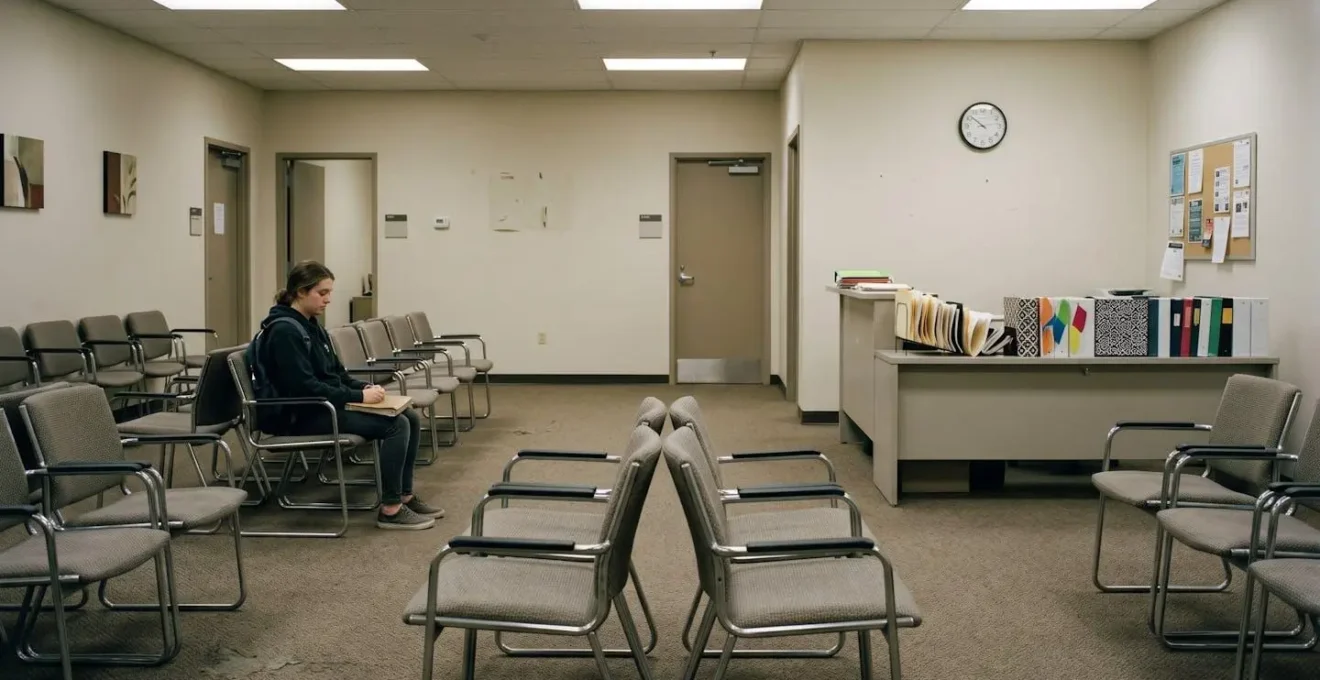 An empty institutional waiting room with visible signs of understaffing and resource scarcity in a university disability support office