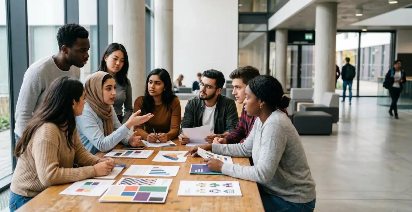 Students of various backgrounds critically examining institutional diversity materials in a modern university setting