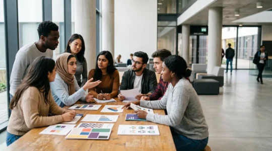 Students of various backgrounds critically examining institutional diversity materials in a modern university setting