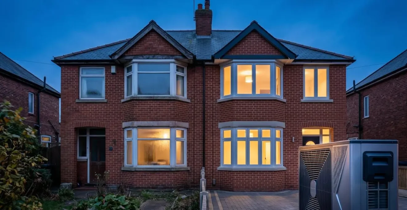 British home exterior showing insulation upgrades and thermal imaging indicating reduced heat loss before heat pump installation
