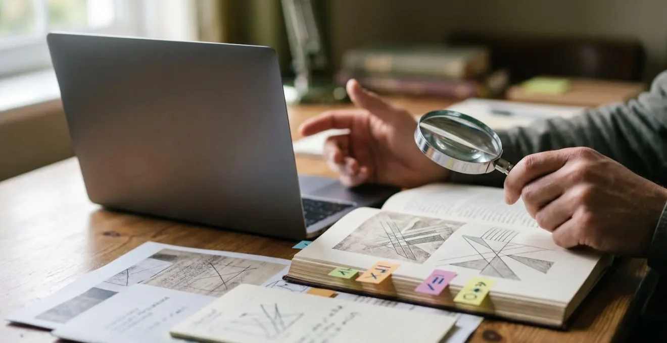Close-up of researcher hands analyzing academic publications and digital research profiles with magnifying glass focus
