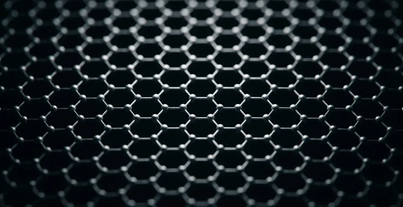 Extreme close-up visualization of hexagonal carbon lattice showing sp2 hybridization bond structure and force distribution patterns