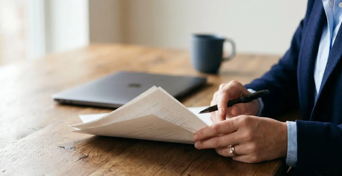 Close-up of hands reviewing professional documents with focus on key performance metrics