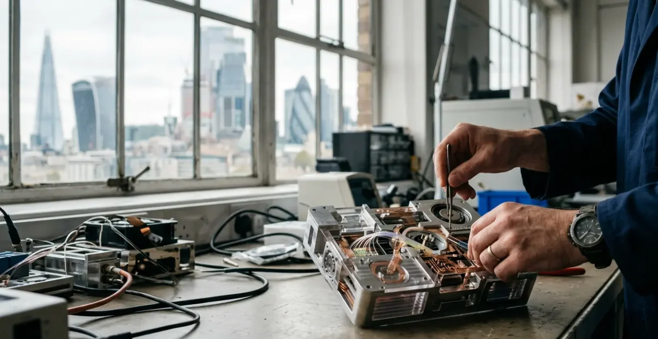 Researcher examining innovative prototype technology in modern London laboratory setting