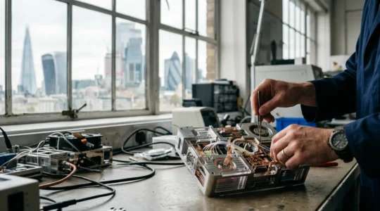 Researcher examining innovative prototype technology in modern London laboratory setting