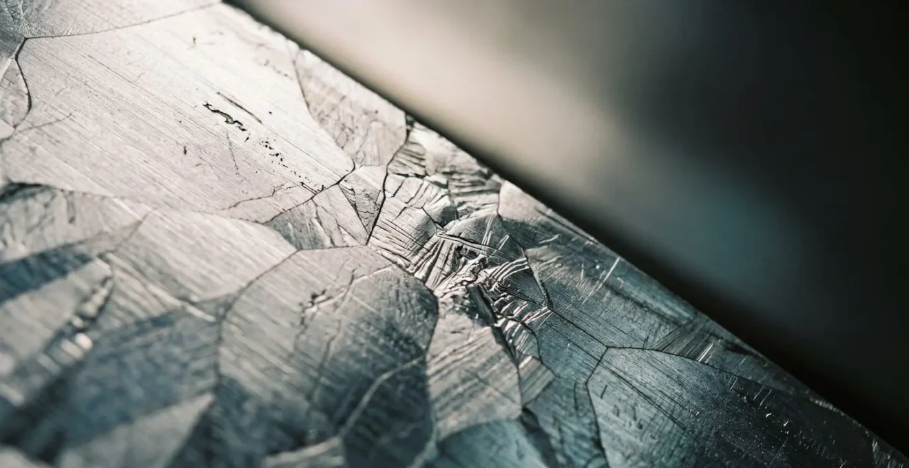 Microscopic view of metallic crystal structure showing atomic-scale stress concentrations and micro-crack formation zones