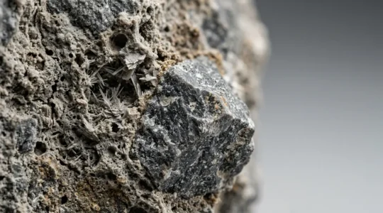 Close-up view of construction material microstructure revealing internal grain patterns and material composition