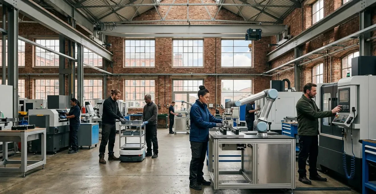 Advanced manufacturing facility in Northern England with collaborative robots working alongside human technicians, representing the evolution of industrial technology