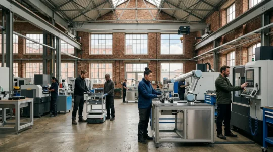 Advanced manufacturing facility in Northern England with collaborative robots working alongside human technicians, representing the evolution of industrial technology