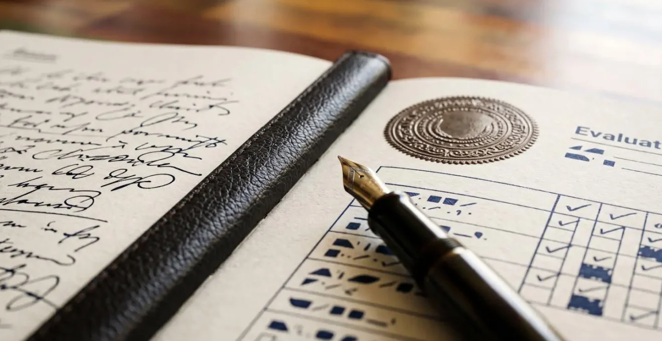 Macro view of detailed handwritten professional development logbook with supervisor signatures and competency tracking forms