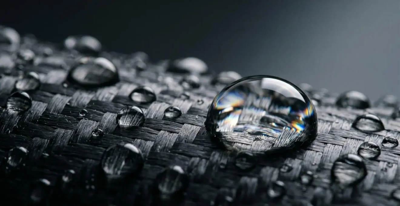Macro view of raindrops on a technical surface illustrating 5G signal attenuation and rain fade.