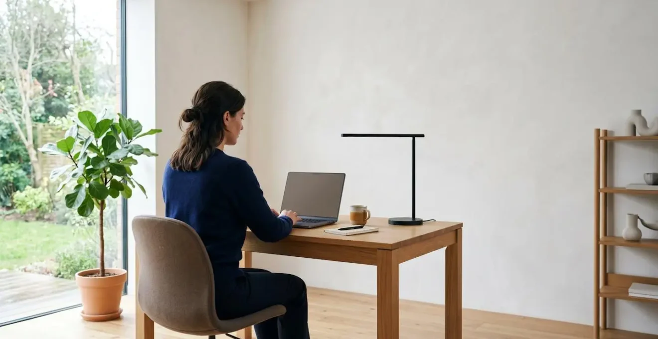 Professional engaging in remote learning with modern technology in minimalist home office environment