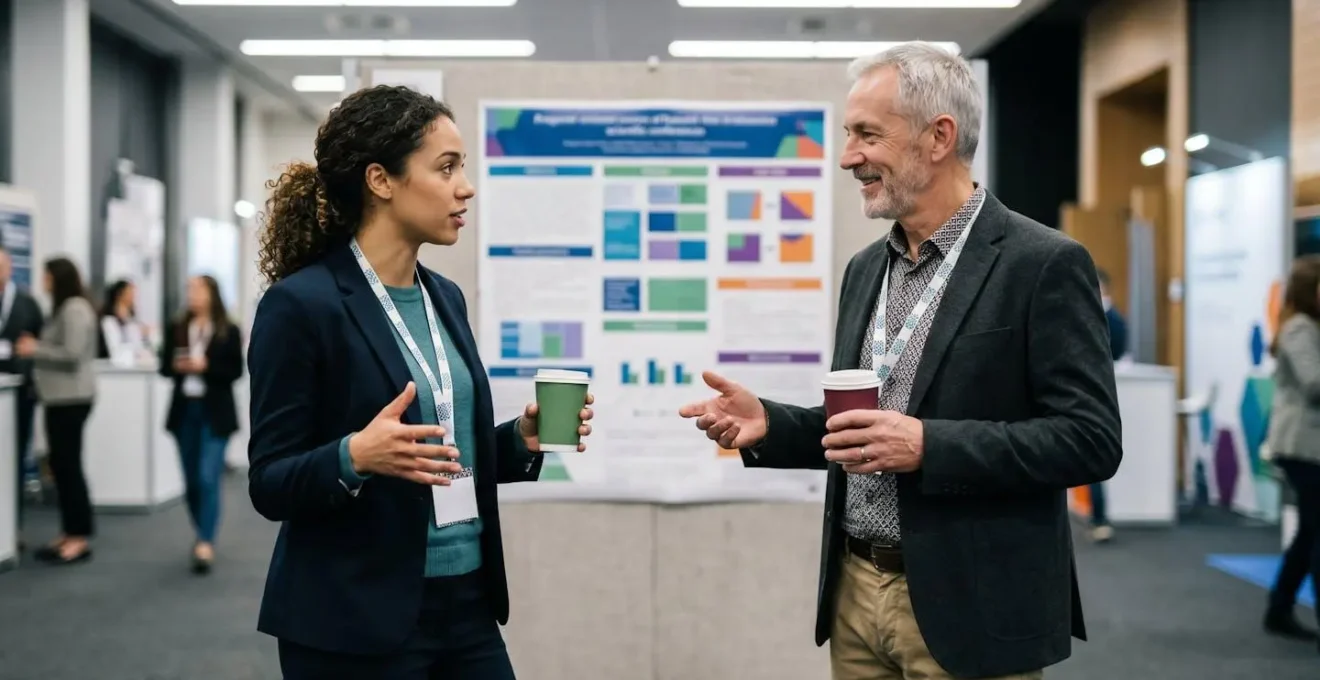 Two professionals engaged in meaningful conversation at scientific conference poster session