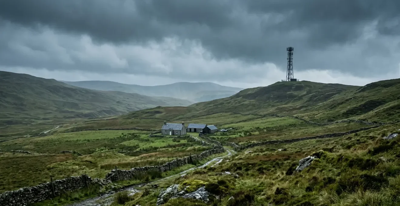 Desolate rural British landscape highlighting the stark digital divide and infrastructure failure
