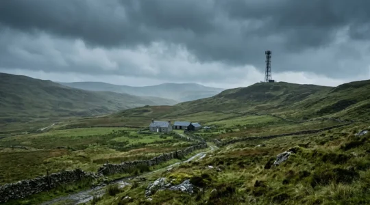 Desolate rural British landscape highlighting the stark digital divide and infrastructure failure