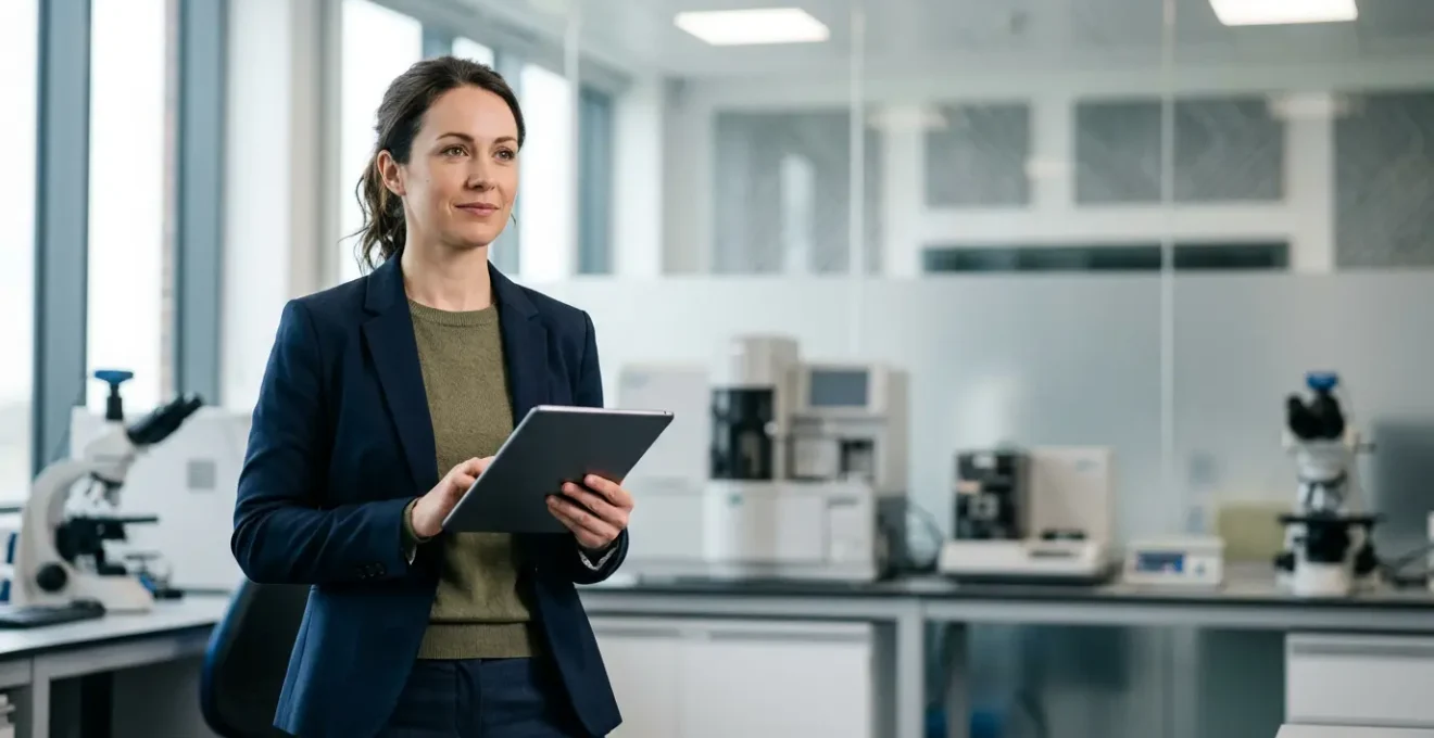 Professional scientist working confidently in modern UK research laboratory environment