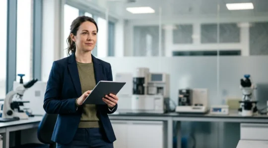 Professional scientist working confidently in modern UK research laboratory environment