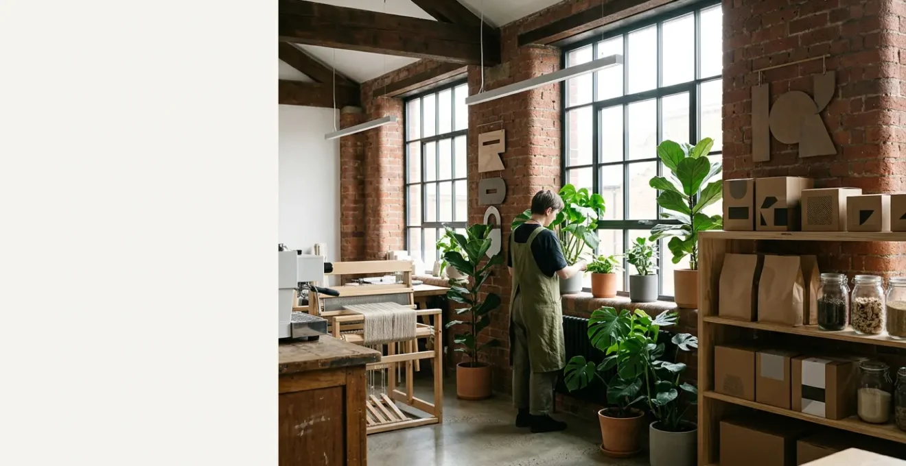 A UK small business owner reviewing energy efficiency measures in a modern commercial space with sustainable features