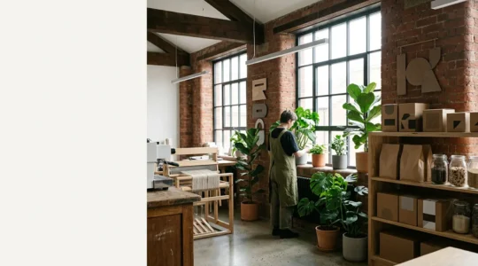 A UK small business owner reviewing energy efficiency measures in a modern commercial space with sustainable features