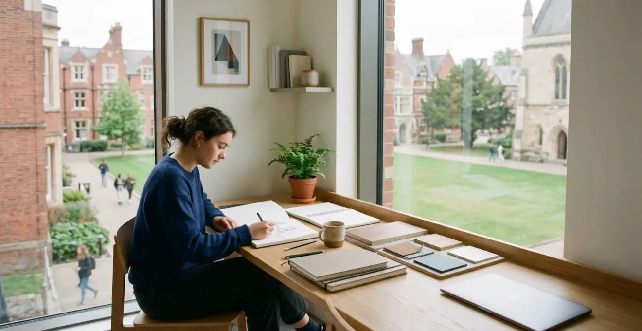 University student organizing creative project materials in natural workspace setting