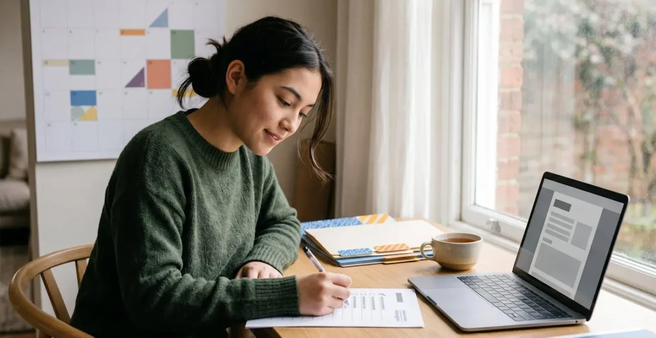 A determined student working methodically through disability funding application materials with a calendar showing strategic timeline planning