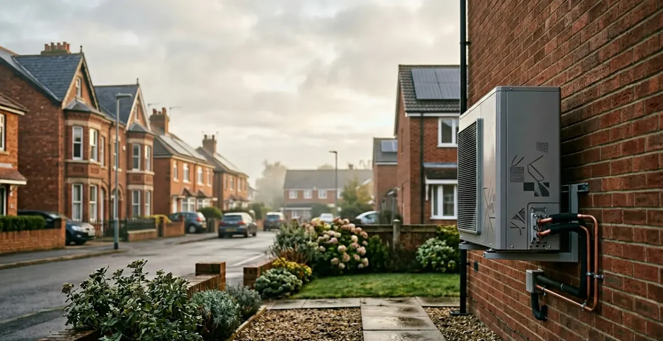Industrial heat pump installation in modern British residential development demonstrating thermodynamic efficiency principles
