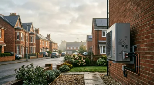 Industrial heat pump installation in modern British residential development demonstrating thermodynamic efficiency principles