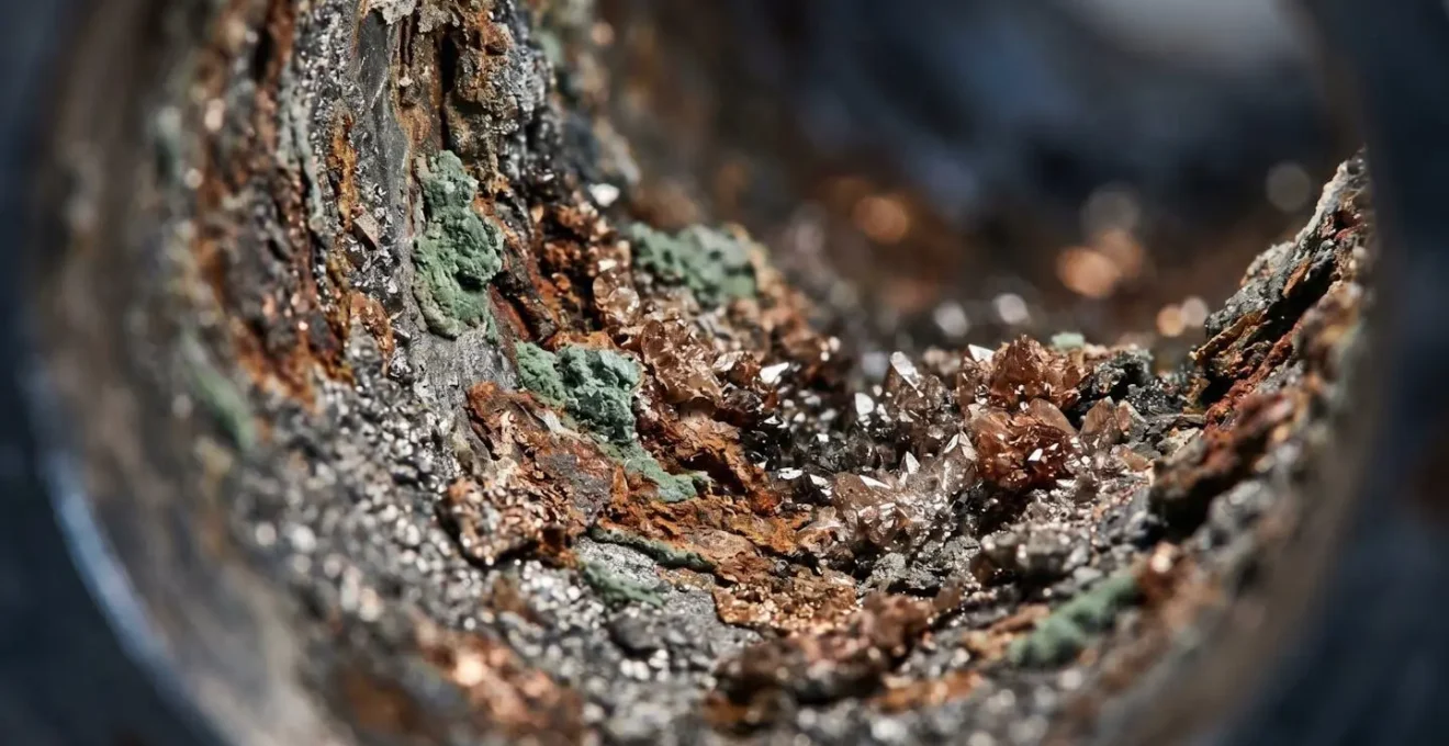 Extreme close-up macro photograph showing metallic surface impurities and corrosion patterns in industrial chemical pipework