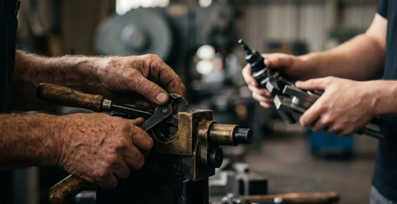 Close-up of weathered hands holding vintage manufacturing tools juxtaposed with modern digital tablet, symbolizing generational tension in technology adoption