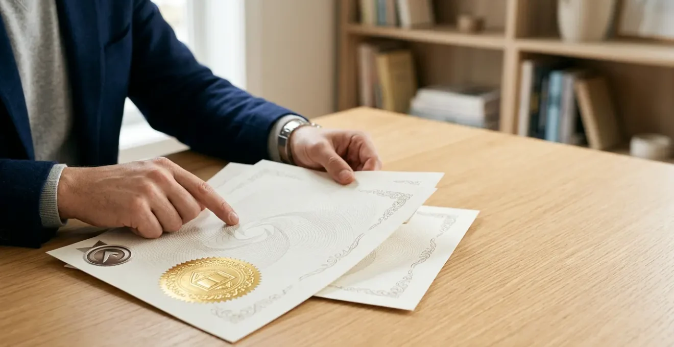 Hands holding official university accreditation documents under natural light with focus on quality assurance symbols
