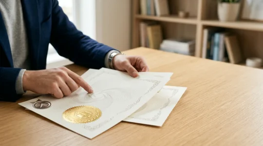 Hands holding official university accreditation documents under natural light with focus on quality assurance symbols