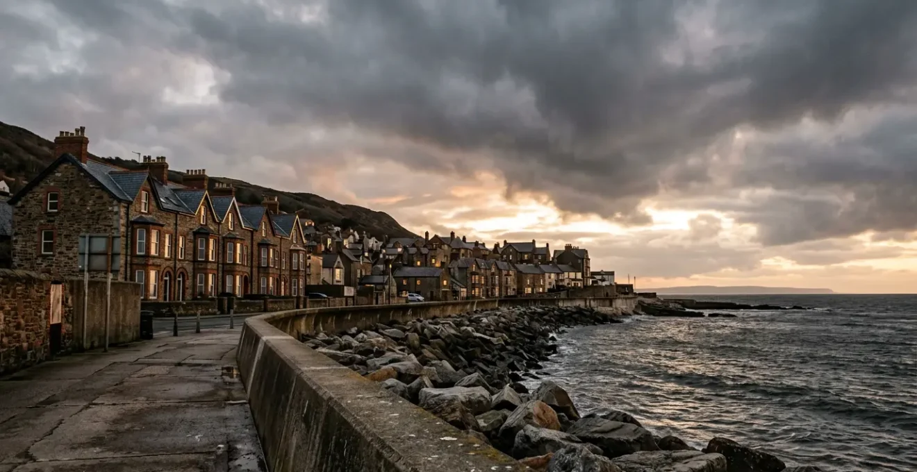 Wide coastal landscape showing UK town facing rising seas and climate adaptation challenges
