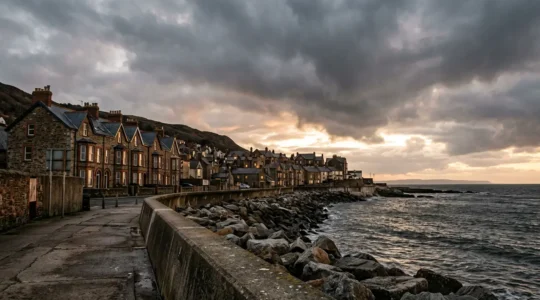 Wide coastal landscape showing UK town facing rising seas and climate adaptation challenges