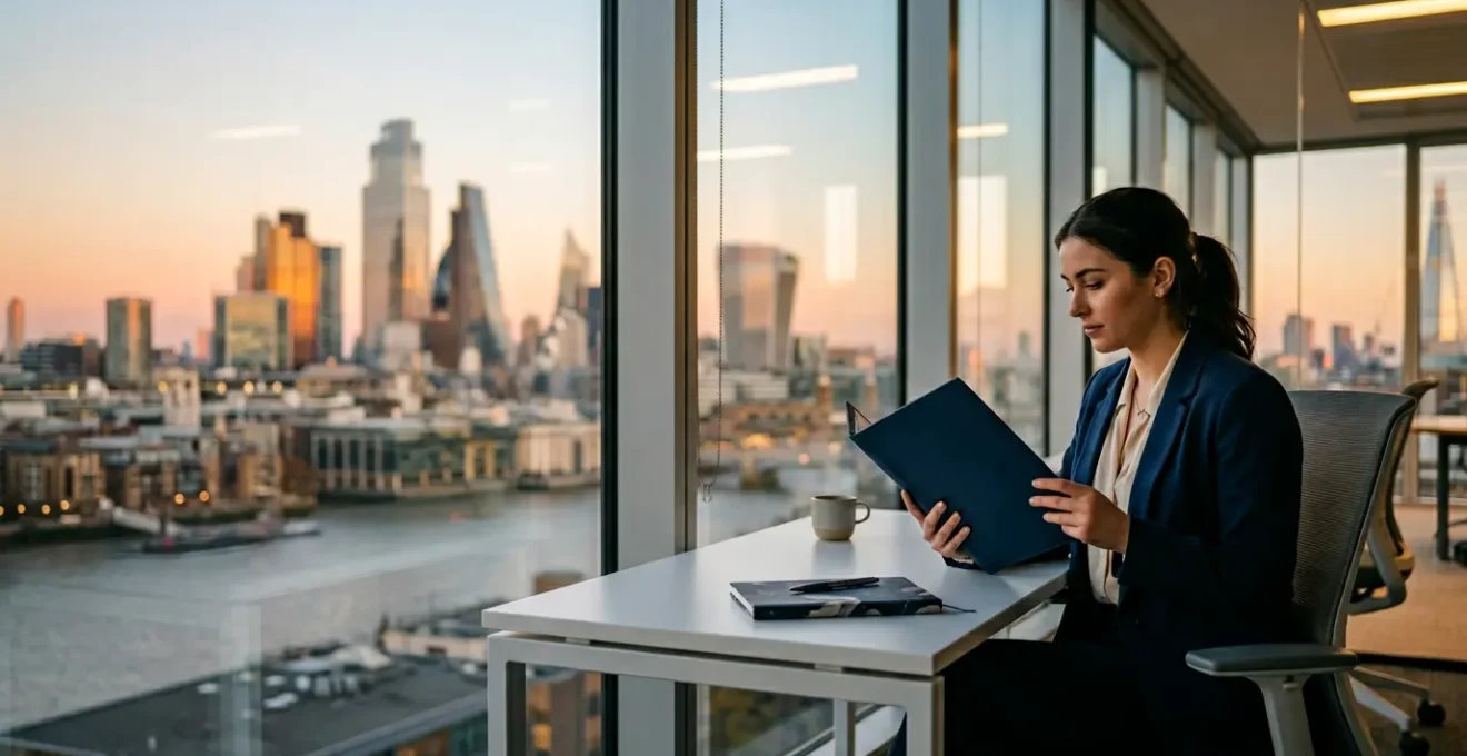 Young professional reviewing documents in modern London office environment symbolizing UK graduate career transition
