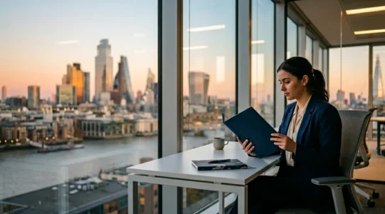 Young professional reviewing documents in modern London office environment symbolizing UK graduate career transition